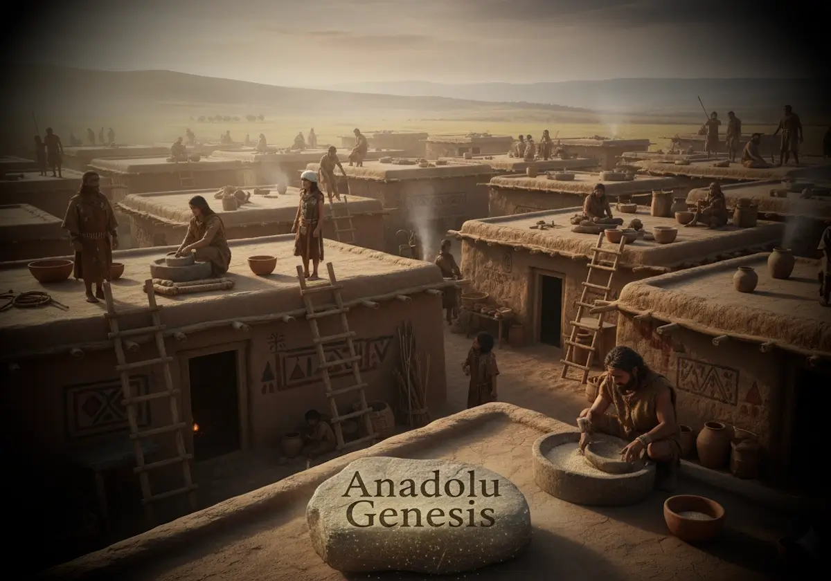 Neolitik Anadolu’da günlük yaşamı gösteren, Çatalhöyük benzeri köyde üretim ve toplumsal düzen sahnesi.