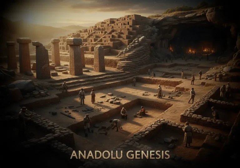 Göbeklitepe, Çatalhöyük ve Karain’i yansıtan Anadolu arkeolojik mirası temalı sinematik kazı sahnesi.