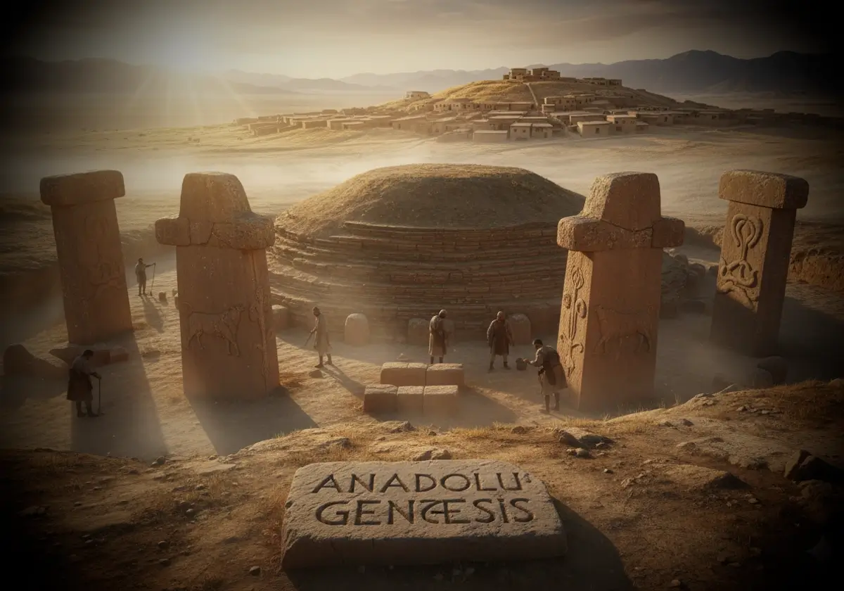 Göbeklitepe ve Çatalhöyük temalı sinematik Anadolu arkeolojisi sahnesi ve tarih öncesi kazı atmosferi