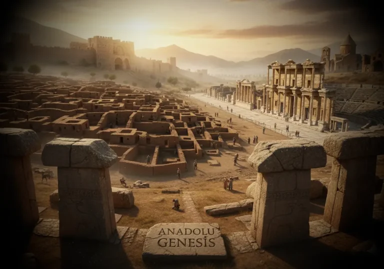 Göbeklitepe, Çatalhöyük, Efes ve Ani kalıntılarını içeren sinematik Anadolu arkeoloji manzarası