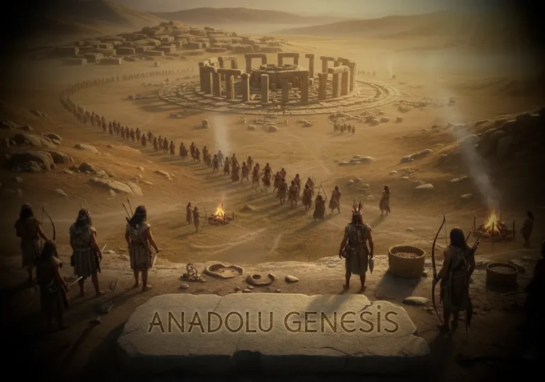 Göbeklitepe ve Çatalhöyük arasında tarih öncesi insan göçlerini tasvir eden sinematik Anadolu arkeoloji sahnesi.