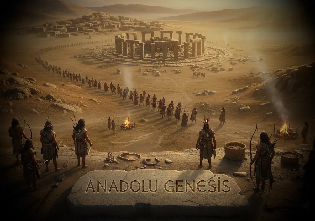 Göbeklitepe ve Çatalhöyük arasında tarih öncesi insan göçlerini tasvir eden sinematik Anadolu arkeoloji sahnesi.