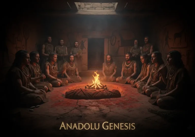 Neolitik Anadolu’da ev tabanı altında gerçekleştirilen antik cenaze törenini tasvir eden tarihsel sahne.