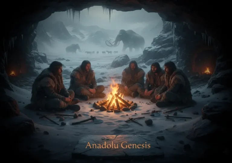 Buzul Çağı Anadolu’sunda mağara önünde ateş yakan avcı-toplayıcı insanların sinematik tasviri.