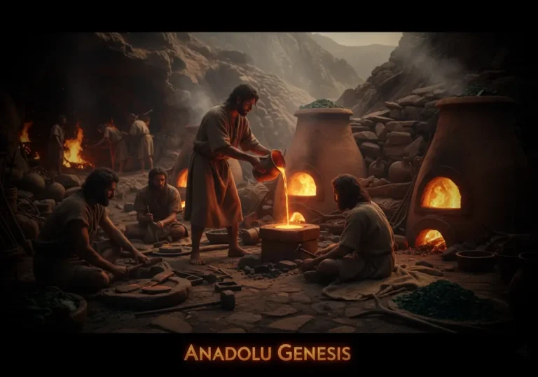 Anadolu’da Kalkolitik dönemde bakır madenciliği ve erken metal işçiliğini gösteren tarihsel canlandırma sahnesi.