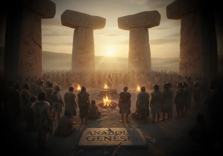 Göbeklitepe benzeri Neolitik Anadolu tapınak alanında ritüel gerçekleştiren insanlar ve taş sütunlar.