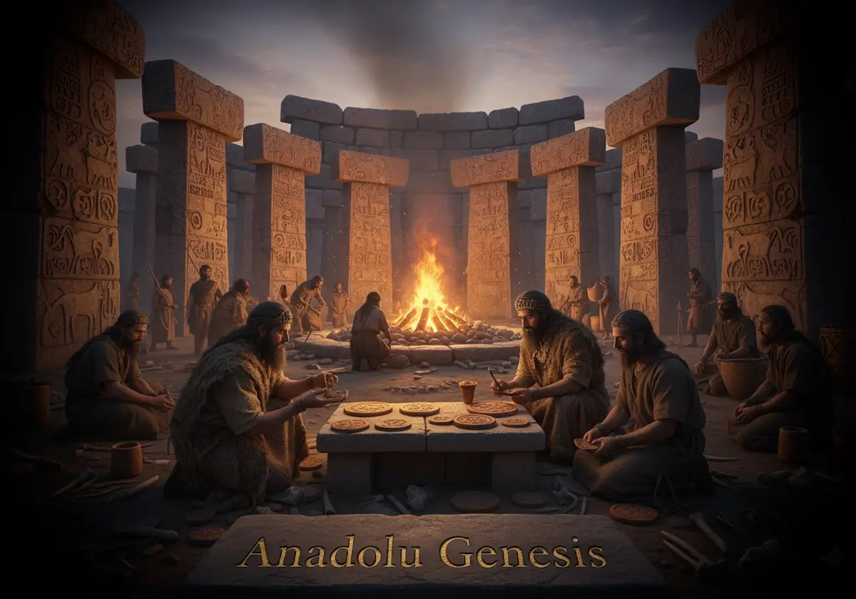 Göbeklitepe benzeri antik Anadolu tapınağında proto-yazı sembolleri ve ritüel işaretlerini gösteren sinematik sahne.