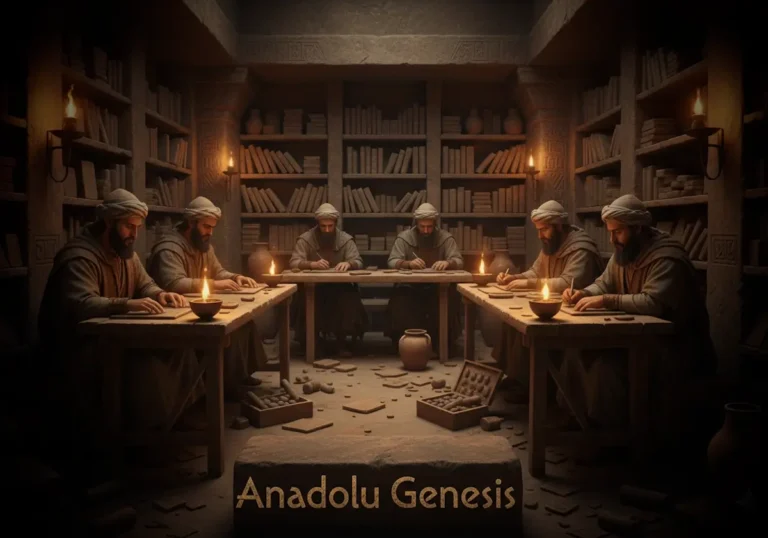 Anadolu’da çivi yazısının yayılışını ve Mezopotamya kökenli tablet kültürünü gösteren sinematik antik arşiv sahnesi.