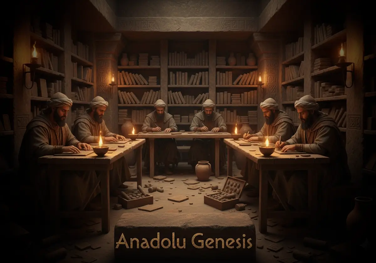 Anadolu’da çivi yazısının yayılışını ve Mezopotamya kökenli tablet kültürünü gösteren sinematik antik arşiv sahnesi.