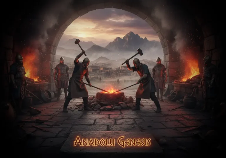 Ultra detailed cinematic scene of Iron Age Anatolia at dawn, ancient blacksmiths forging glowing iron weapons inside a massive stone workshop in central Anatolia, sparks flying through smoky air, Hittite and Phrygian warriors standing near fire pits, early Iron Age settlements in the background, rugged Anatolian mountains under dramatic cloudy sky, realistic textures, archaeological authenticity, atmospheric lighting, epic historical realism, volumetric fog, ancient furnaces glowing red, bronze artifacts abandoned on the ground symbolizing the end of the Bronze Age, no modern objects, immersive cinematic composition, highly realistic, 8K, historical atmosphere, ancient symbolism subtly integrated into the environment. At the bottom center, the text “Anadolu Genesis” should appear as an ancient carved stone inscription blended naturally into the environment with weathered textures and subtle fire glow.