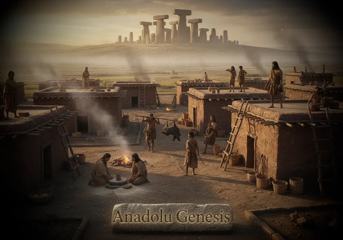 Neolitik Anadolu’da mağaradan köy yaşamına geçişi gösteren, Çatalhöyük benzeri evlerin yer aldığı tarihsel sahne.