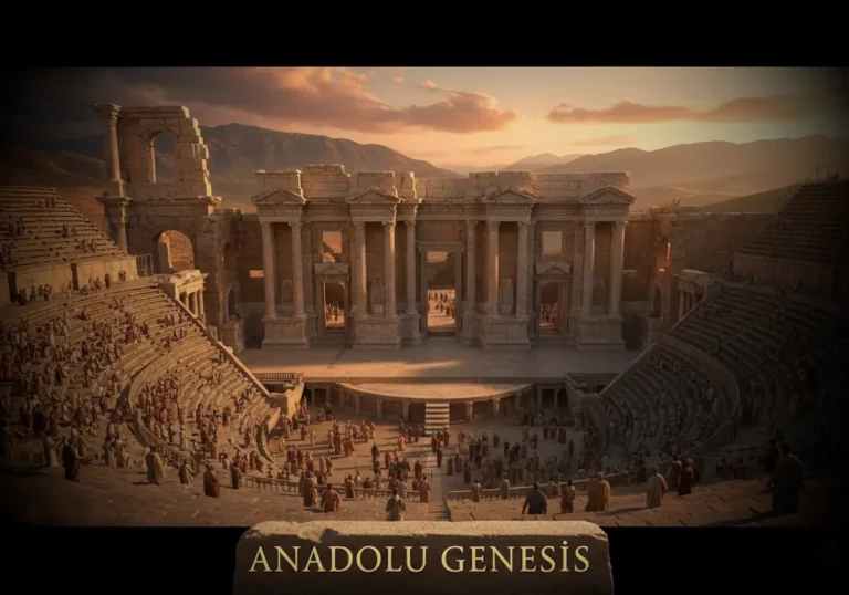 Aspendos, Efes ve Side tiyatrolarını gösteren Roma dönemine ait Anadolu mimarisi panoraması.