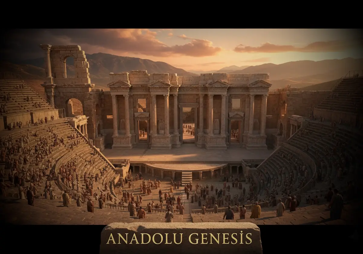Aspendos, Efes ve Side tiyatrolarını gösteren Roma dönemine ait Anadolu mimarisi panoraması.