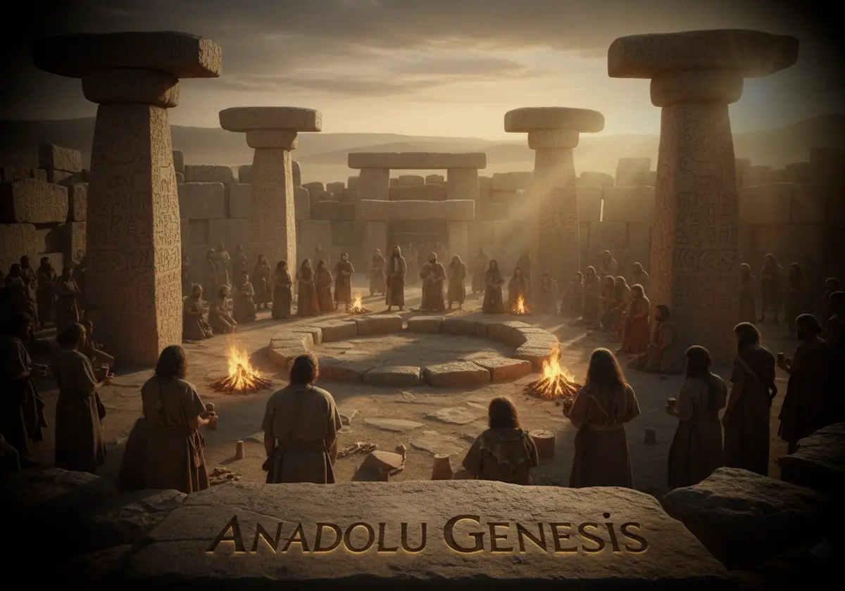 Göbeklitepe ve Çatalhöyük’ten esinlenen tarih öncesi Anadolu sembollerini tasvir eden sinematik sahne.