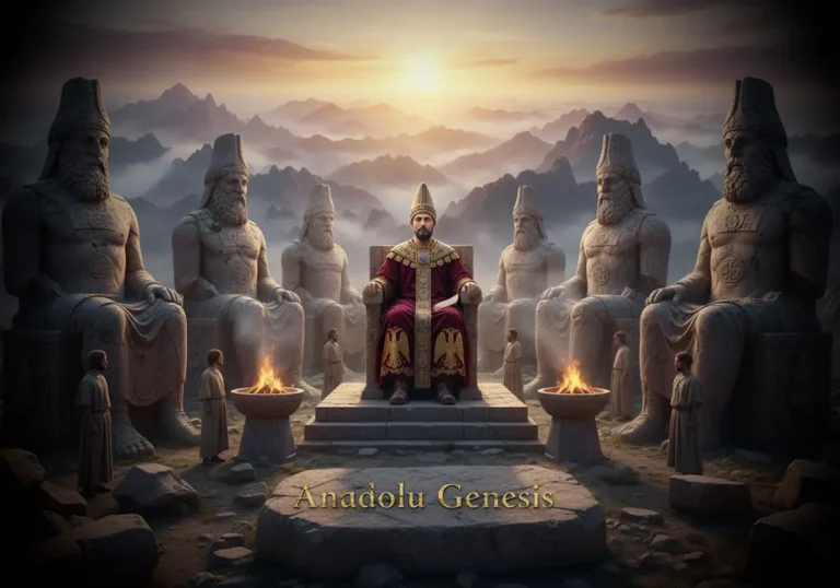 Nemrut Dağı’nda Antiochos ve dev tanrı heykellerini gösteren sinematik Kommagene Krallığı sahnesi.