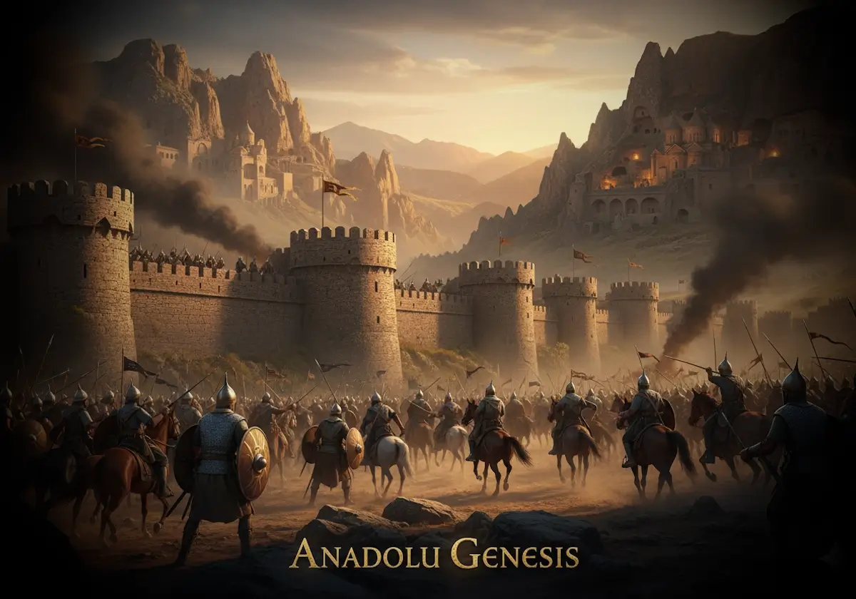 Arap akınları sırasında Bizans Anadolu’sunda sınır kaleleri, askerler ve Kapadokya manzarasını gösteren sahne.