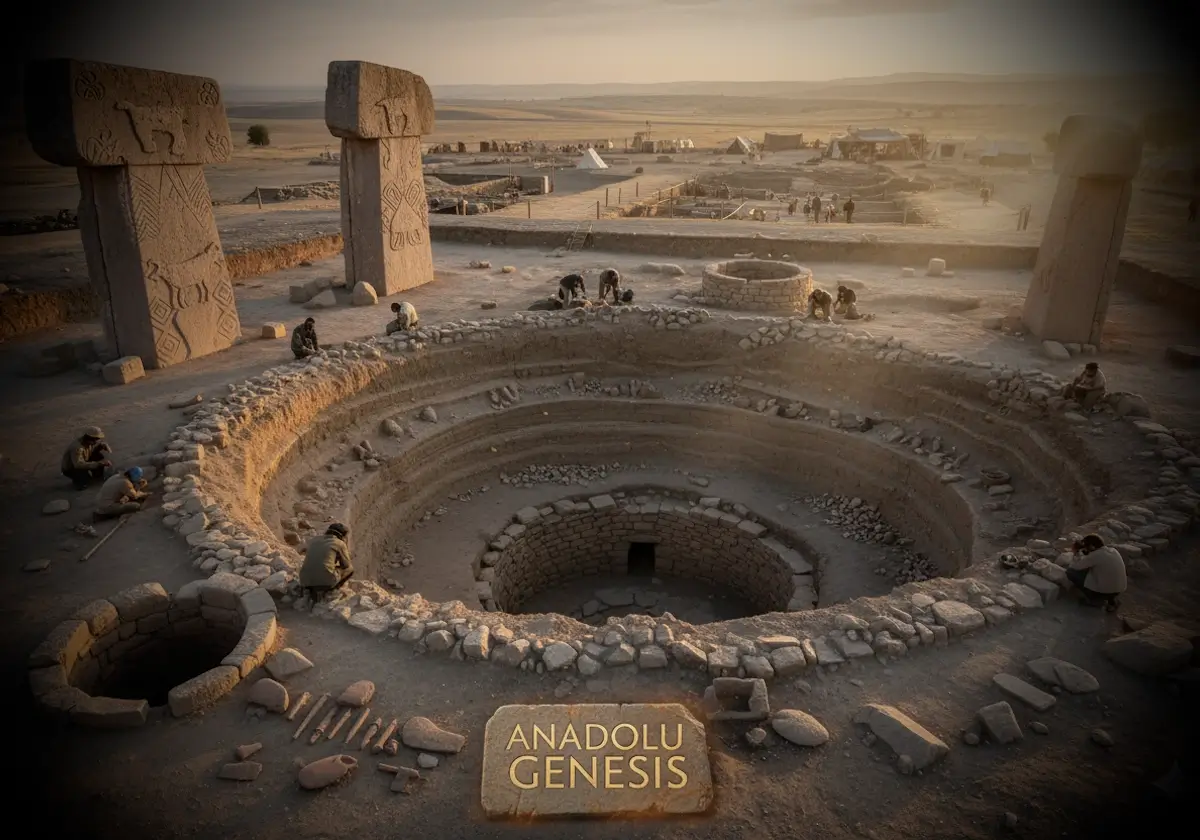 Anadolu’daki arkeolojik kazı alanında höyük katmanları ve antik kalıntıları inceleyen araştırmacıları gösteren sinematik sahne.