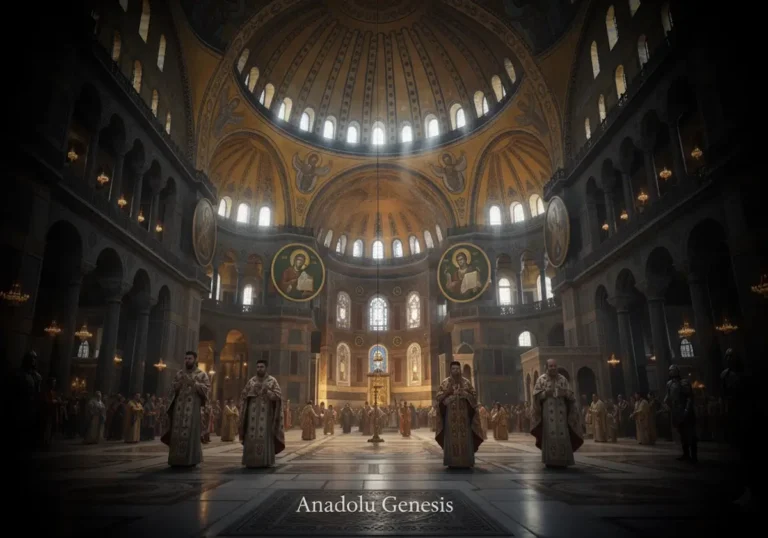 Ayasofya’nın Bizans dönemindeki görkemli kubbesini ve altın mozaiklerini gösteren sinematik tarihsel tasvir.