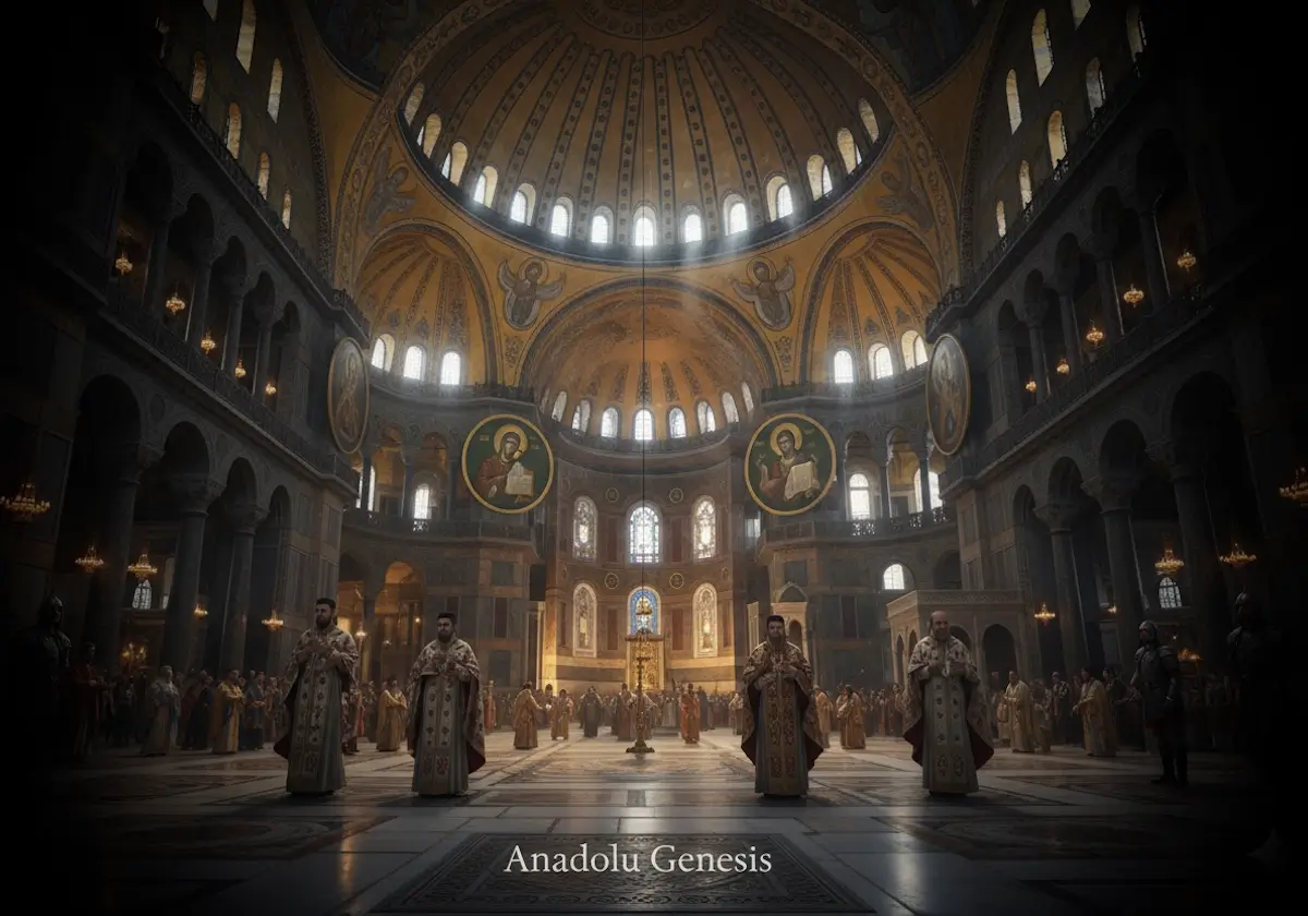 Ayasofya’nın Bizans dönemindeki görkemli kubbesini ve altın mozaiklerini gösteren sinematik tarihsel tasvir.