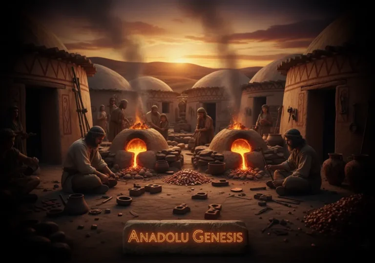 Kalkolitik Anadolu’da bakır işçileri ve metal eritme atölyesini gösteren sinematik tarihsel sahne.