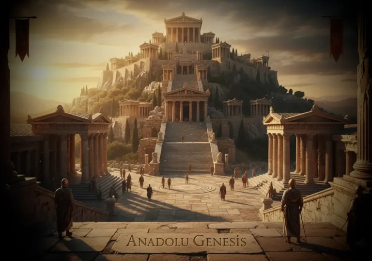 Pergamon Krallığı’nın Bergama Akropolü üzerindeki görkemli yapıları ve Helenistik dönemdeki kültürel yükselişini gösteren sahne.