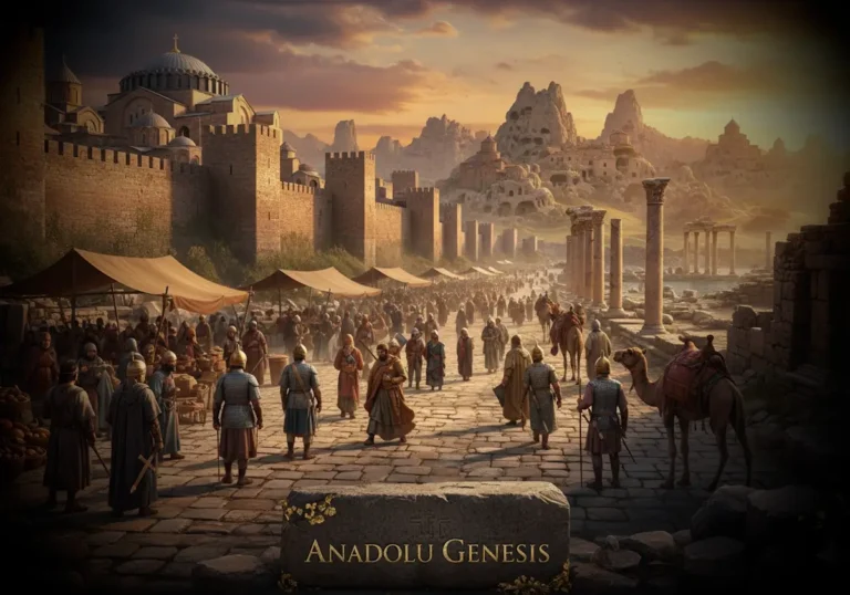 Bizans döneminde Anadolu şehirlerini gösteren gerçekçi sahne; İznik surları, Efes kalıntıları ve Kapadokya manastırları.