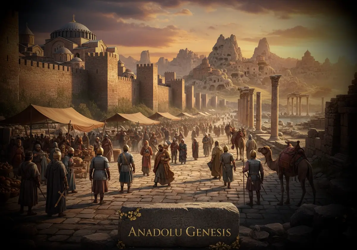 Bizans döneminde Anadolu şehirlerini gösteren gerçekçi sahne; İznik surları, Efes kalıntıları ve Kapadokya manastırları.