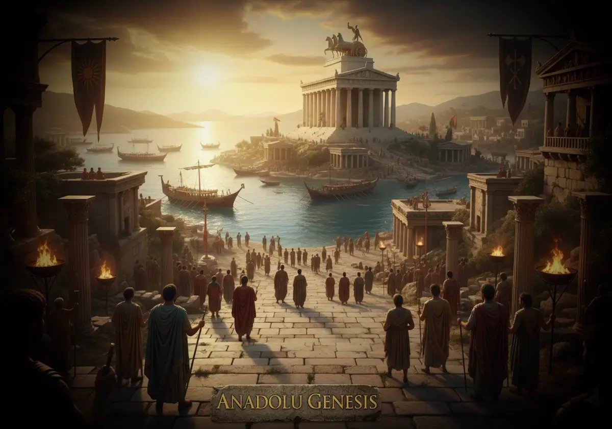 Antik Halikarnassos kentinde Mausoleum ve liman çevresini gösteren sinematik Bodrum tarihi illüstrasyonu.