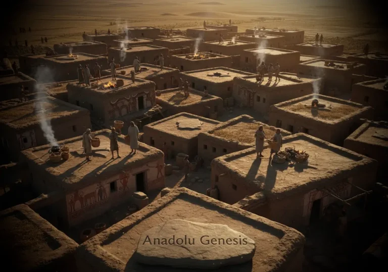 Çatalhöyük Antik Kenti’nde Neolitik döneme ait bitişik kerpiç evler ve çatılarda günlük yaşam sahnesi.