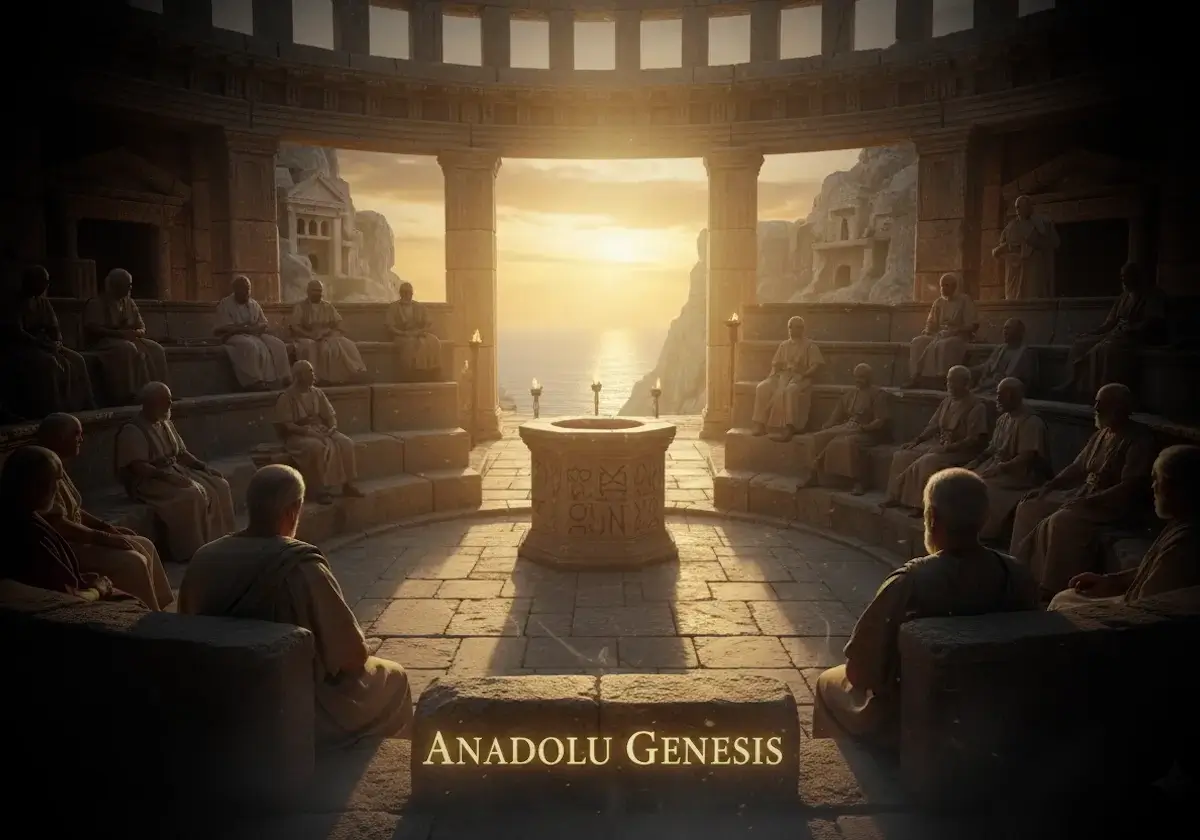Patara’daki antik Likya meclisinde toplanan temsilcileri ve arkadaki kaya mezarlarını gösteren sinematik sahne.