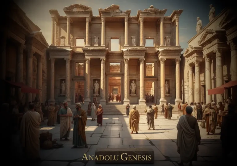 Roma dönemindeki Efes Antik Kenti’nde Celsus Kütüphanesi ve mermer caddeleri gösteren sinematik görünüm.