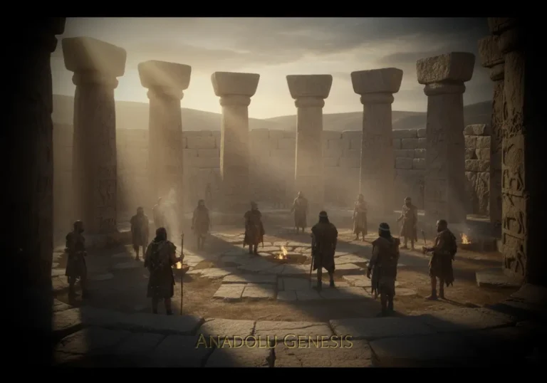Göbeklitepe’de Neolitik döneme ait T biçimli taş sütunlar ve ritüel alanlarının sinematik canlandırması.