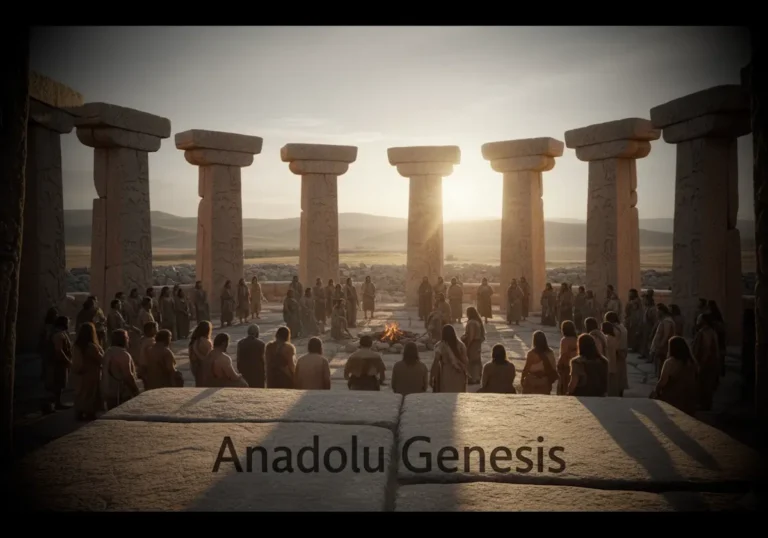 Göbeklitepe’de hayvan kabartmalı taş sütunlar ve Neolitik ritüel alanını gösteren tarihsel canlandırma.