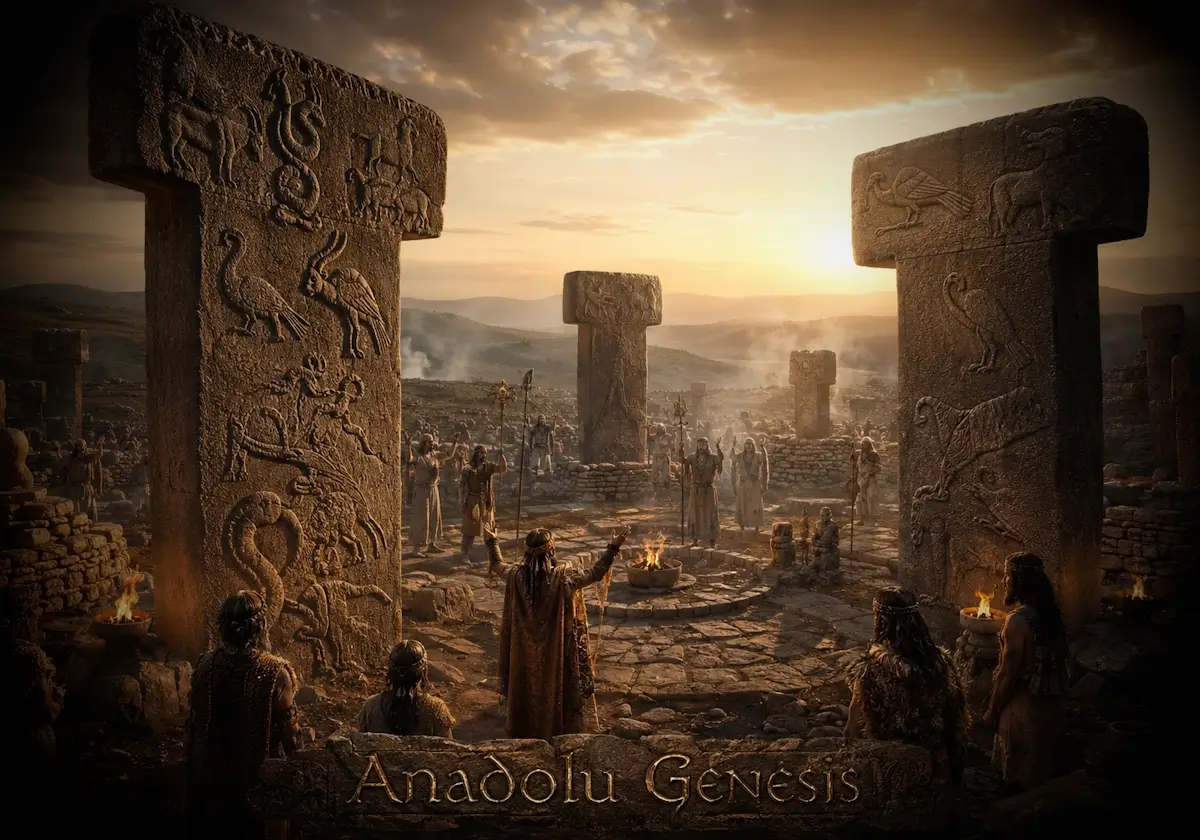 Göbeklitepe’deki sembollü taş sütunları ve Anadolu’nun tarih öncesi ritüel dünyasını gösteren sinematik sahne.