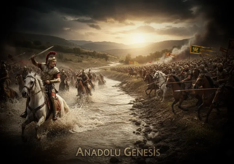 Granikos Savaşı’nda Büyük İskender’in Pers ordusuna karşı Anadolu’da ilerleyişini gösteren sinematik tarihsel sahne.