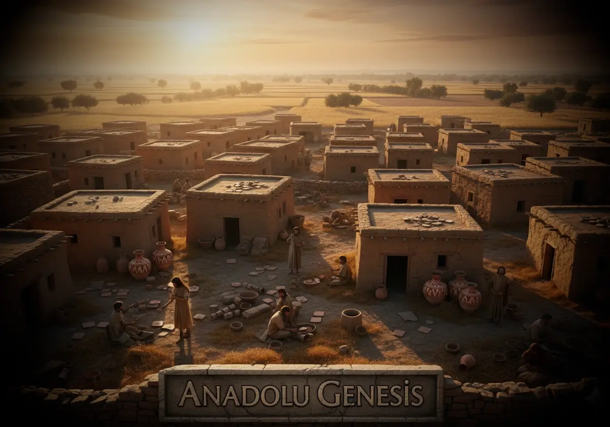 Burdur’daki Hacılar Höyüğü’nde Kalkolitik döneme ait kerpiç evler, seramik ustaları ve erken bakır işçiliğini betimleyen sahne.