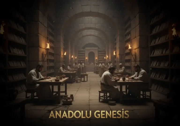 Hattuşaş’taki Hitit arşivlerinde kil tabletler ve çivi yazısı kayıtlarını gösteren tarihsel canlandırma sahnesi.