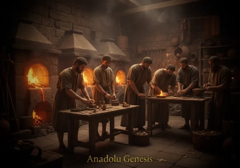 Sardes’te Lidyalı ustaların ilk madeni paraları ürettiği antik dönem sahnesini gösteren sinematik görsel.