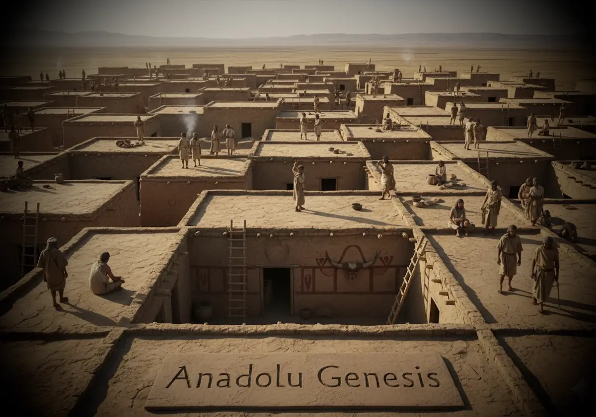 Neolitik Çatalhöyük yerleşiminde bitişik kerpiç evler, çatıdan girişler ve gündelik yaşamı gösteren tarihsel canlandırma.