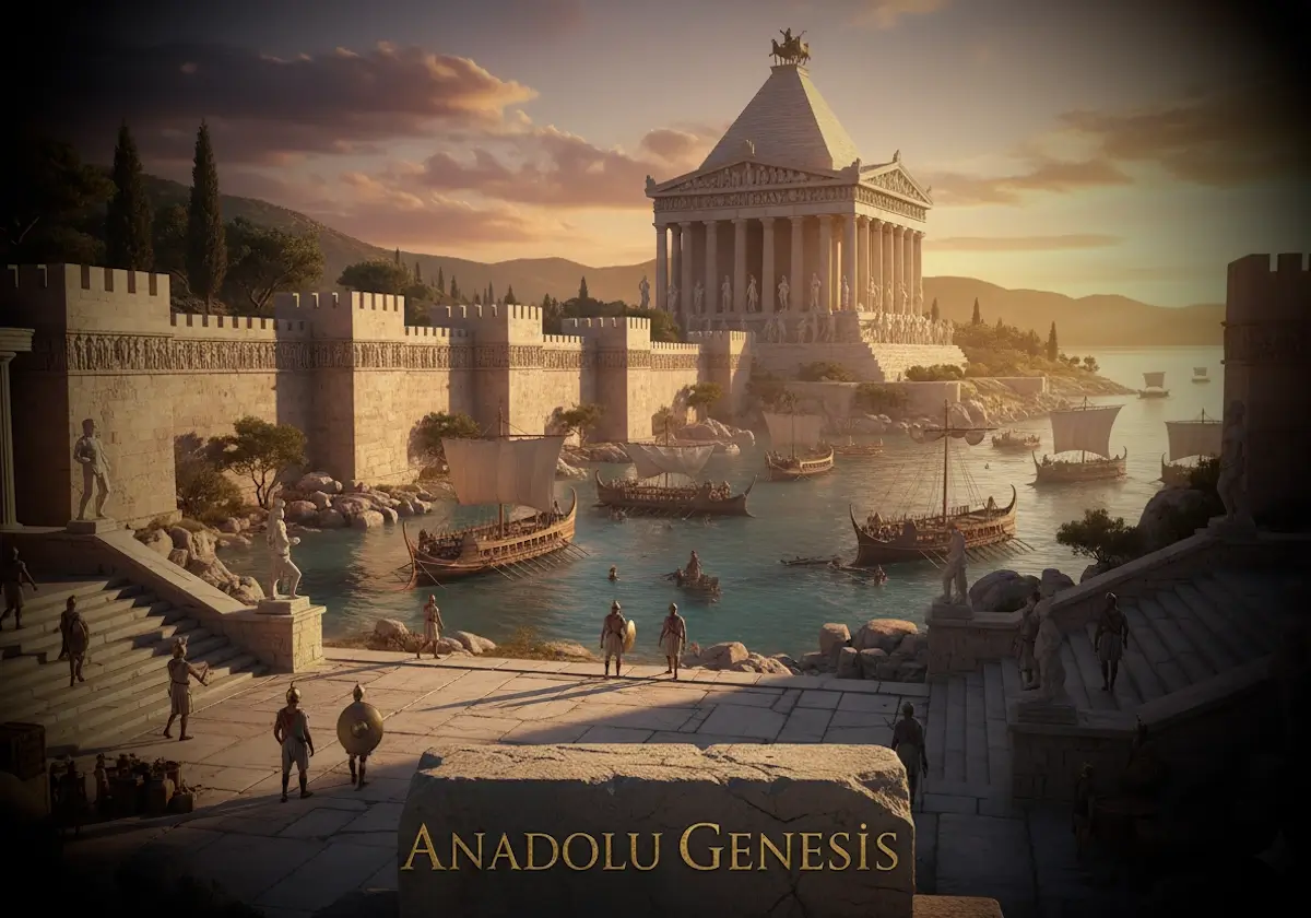 Antik Karya uygarlığını temsil eden Halikarnassos limanı, Karyalı savaşçılar ve Mausoleum’un sinematik görünümü.