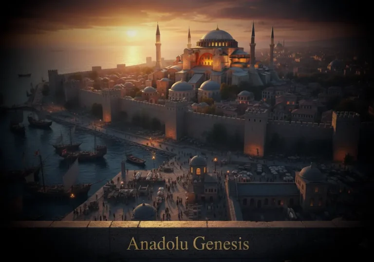 6. yüzyılda Konstantinopolis’in surları, Ayasofya ve Bizans limanlarını gösteren sinematik tarihsel şehir tasviri.