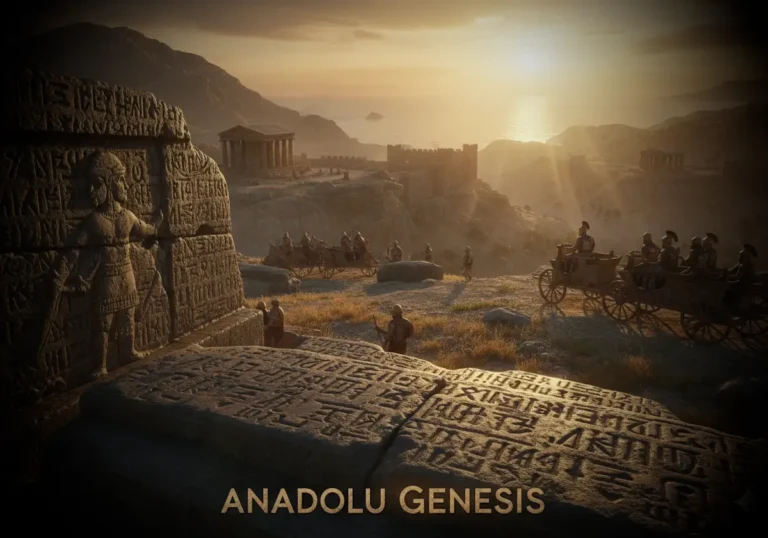 Batı Anadolu’da Luvi uygarlığını temsil eden antik yazıtlar, savaş arabaları ve Tunç Çağı atmosferini gösteren sahne.