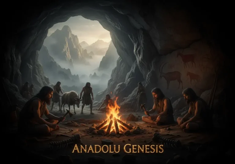 Anadolu’daki ilk insanların mağara yaşamını ve ateş etrafındaki Paleolitik yaşam sahnesini gösteren tarihsel görsel