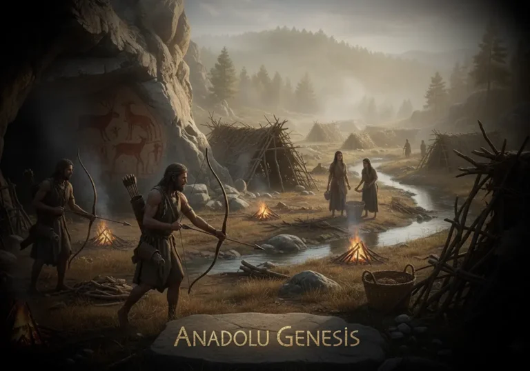 Anadolu’da Mezolitik Çağ insanlarını ve avcı-toplayıcı yaşamı betimleyen tarihsel sahne.