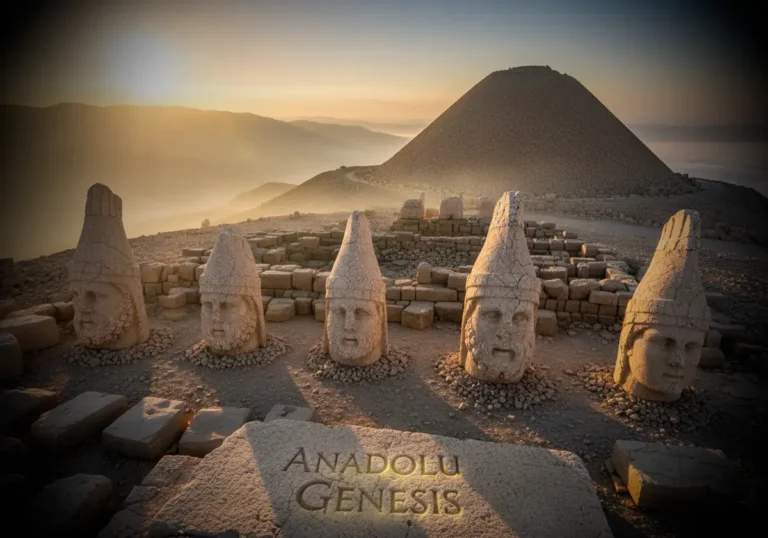 Nemrut Dağı’nda gün doğumunda Kommagene heykelleri ve taş başların göründüğü tarihi zirve manzarası.