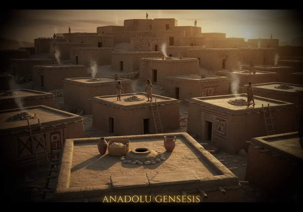 Neolitik Anadolu’da Çatalhöyük benzeri kerpiç evler ve çatıdan girişli yerleşim düzeninin tasviri.