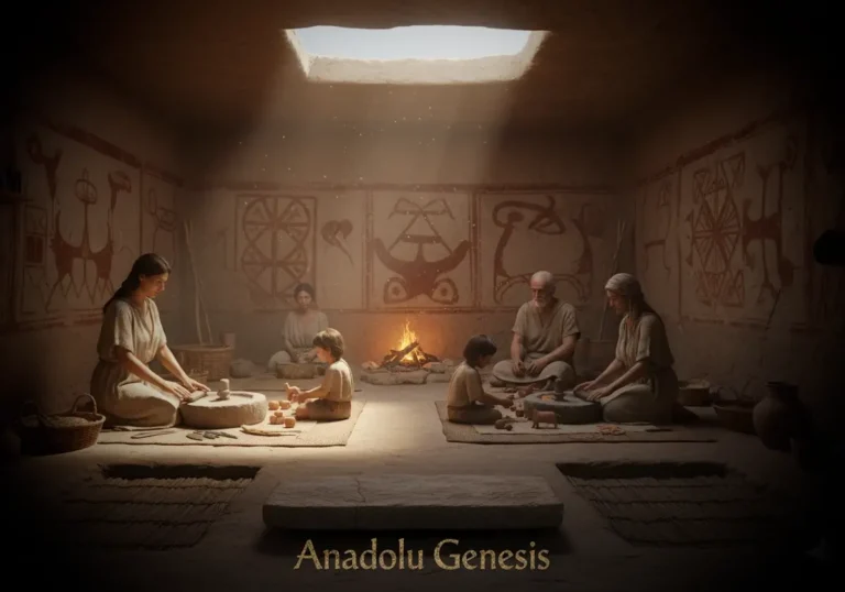 Neolitik Anadolu’da bir aile yaşamı: Çatalhöyük benzeri bir evde günlük yaşam ve akrabalık düzeninin canlandırması.
