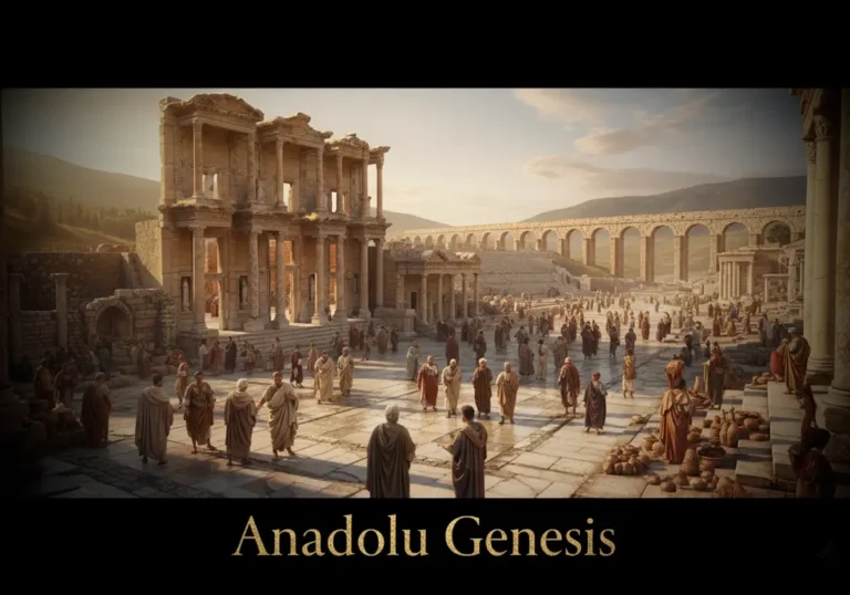 Pax Romana döneminde Efes kentinde ticaret, Roma mimarisi ve Anadolu’daki refah yaşamını gösteren sinematik sahne.