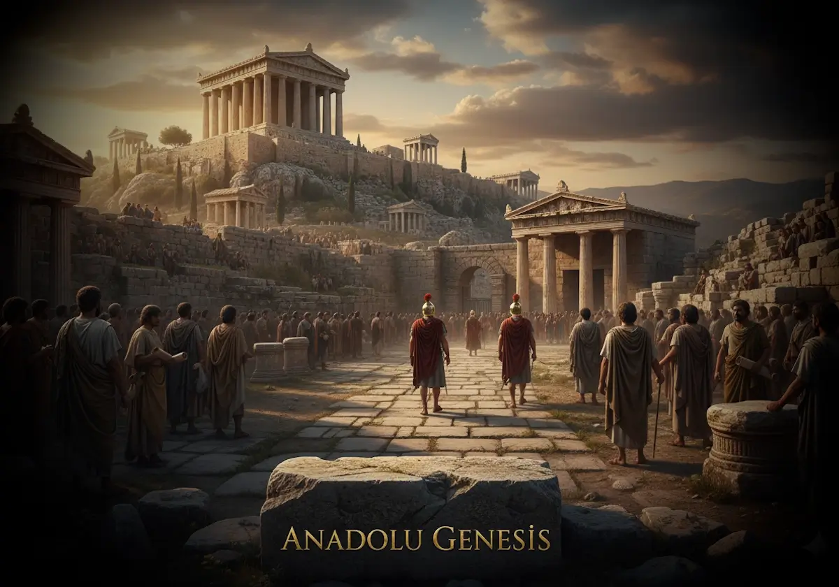 Pergamon Krallığı’nın Roma’ya katılışını gösteren sinematik Bergama akropolü ve Roma elçileri sahnesi.