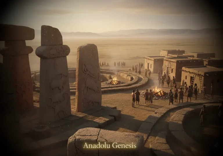 Göbeklitepe ve Çatalhöyük temalı prehistorik Anadolu sahnesi, tarih öncesi insan yaşamı ve arkeolojik atmosfer.